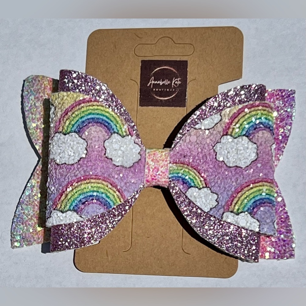 Boutique Custom Made Faux Leather Rainbow Print with Pink Glitter Hair Bow - Picture 2 of 6